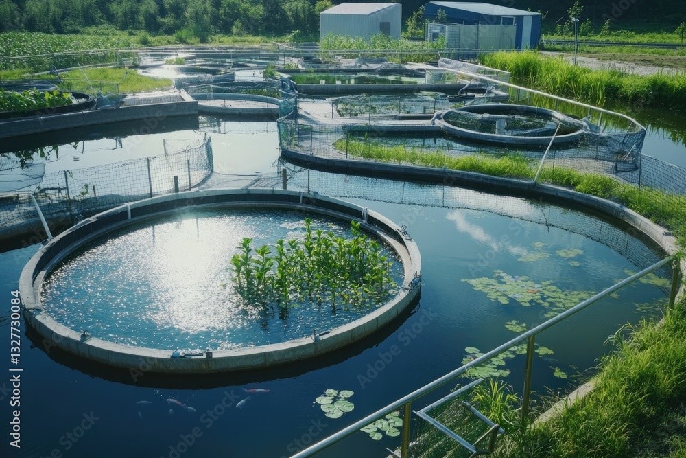 Aerial View of Aquaculture System with Circular Fish Ponds Aerial View of Aquaculture System with Circular Fish Ponds