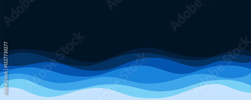 Gradient blue wave layer on black background. Overlapping wavy lines feel like a river, ocean or beach landscape with horizontal sky. Abstract pattern template for book cover. Art & Illustration