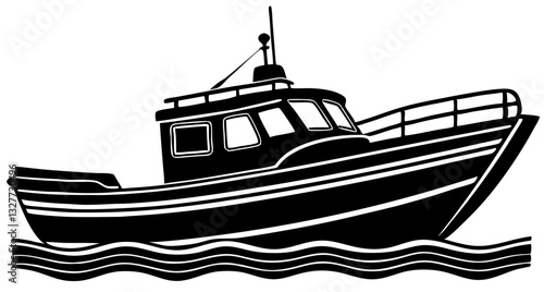 boat black silhouette vector, Simple silhouette Design vector icon with white background. Water transportation vector illustration 