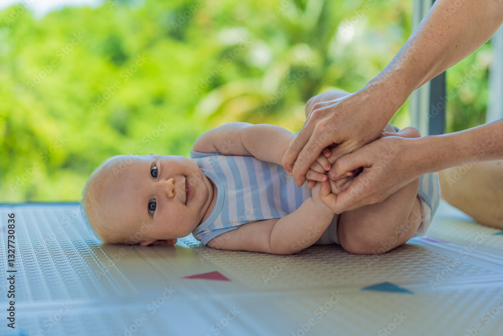 A mother practices baby gymnastics with her 3-month-old on a soft children's play mat. A joyful and nurturing moment focused on bonding, development, and care. Early childhood, fitness, and parenting