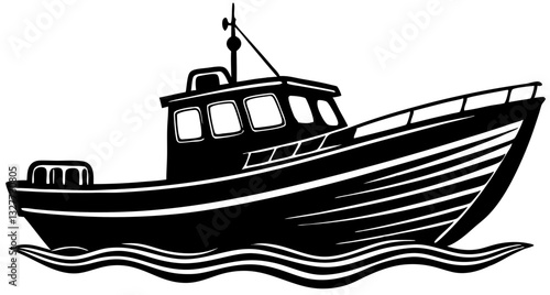 boat black silhouette vector, Simple silhouette Design vector icon with white background. Water transportation vector illustration 