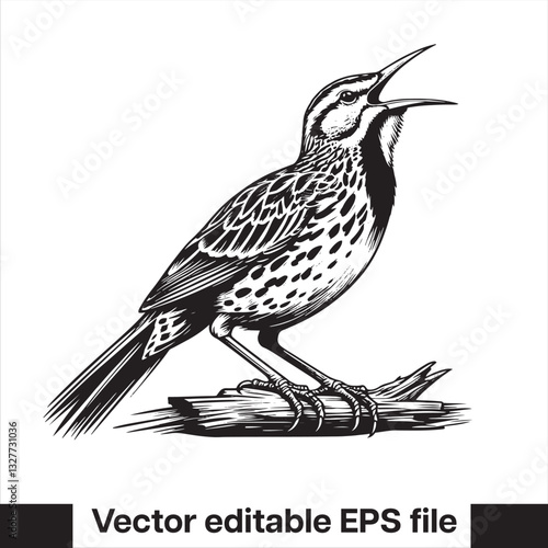 Western meadowlark silhouette, Meadowlark Bird Clipart, Western meadowlark landing on branch Illustration in black and white
