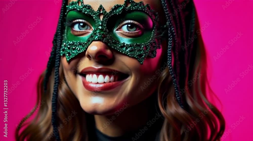 A close up of a person wearing a green glittering mask with intricate designs, framed by braided hair, set against a vibrant pink background with subtle motion. A close up of a person wearing a green glittering mask with intricate designs, framed by braided hair, set against a vibrant pink background with subtle motion.