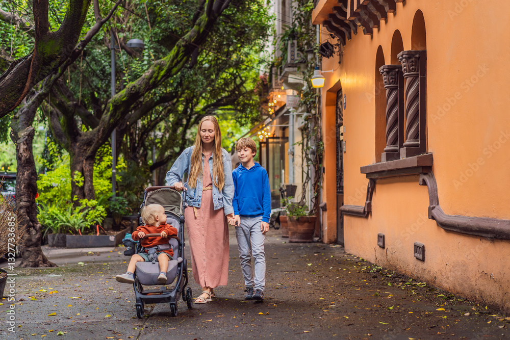 Mother with her two sons exploring lush streets of Condesa, Mexico City. Family adventure in a vibrant urban oasis. Travel, family bonding, and urban greenery concept in Latin America
