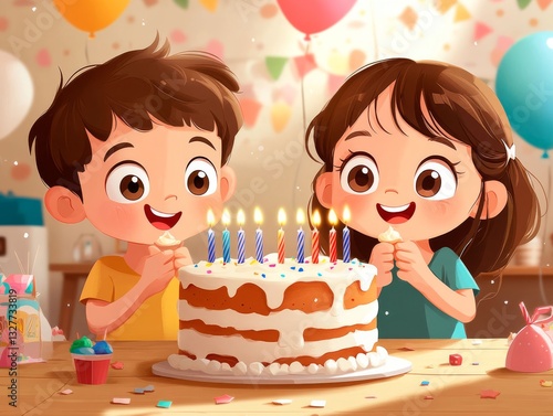 Two children, a boy and a girl, happily look at a birthday cake with lit candles. The boy wears a yellow T-shirt, and the girl wears blue. Both have expressive eyes and wide smiles. The cake has six c