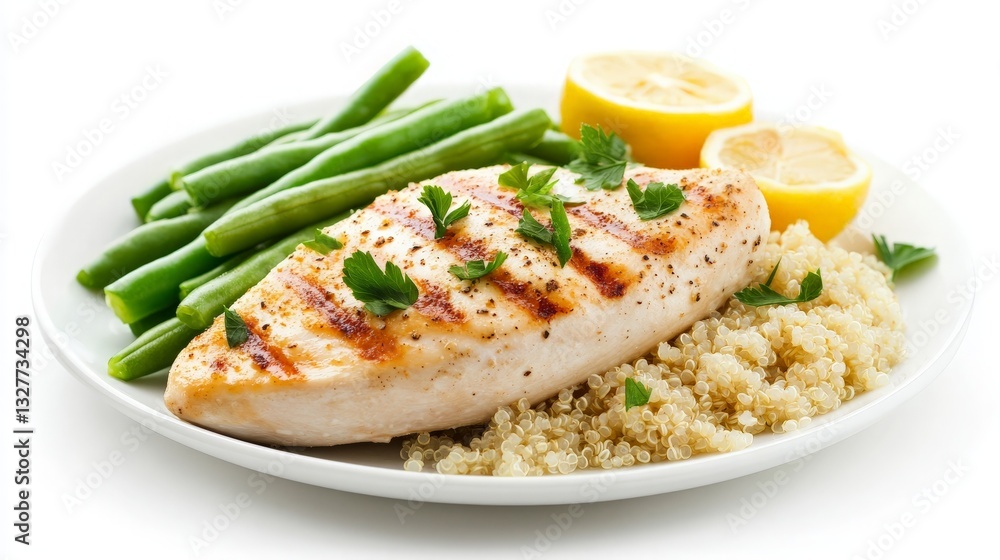 Grilled Chicken with Quinoa and Green Beans on a Plate with Fresh Lemon Wedges for Healthy Eating Promotions Grilled Chicken with Quinoa and Green Beans on a Plate with Fresh Lemon Wedges for Healthy Eating Promotions