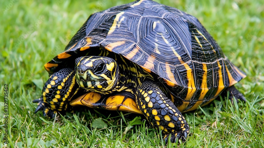 Fototapeta premium Close up of wise tortoise with a weathered shell deep wrinkles and a slow knowing expression A blurred grassy background enhances the timeless beauty of this reptile
