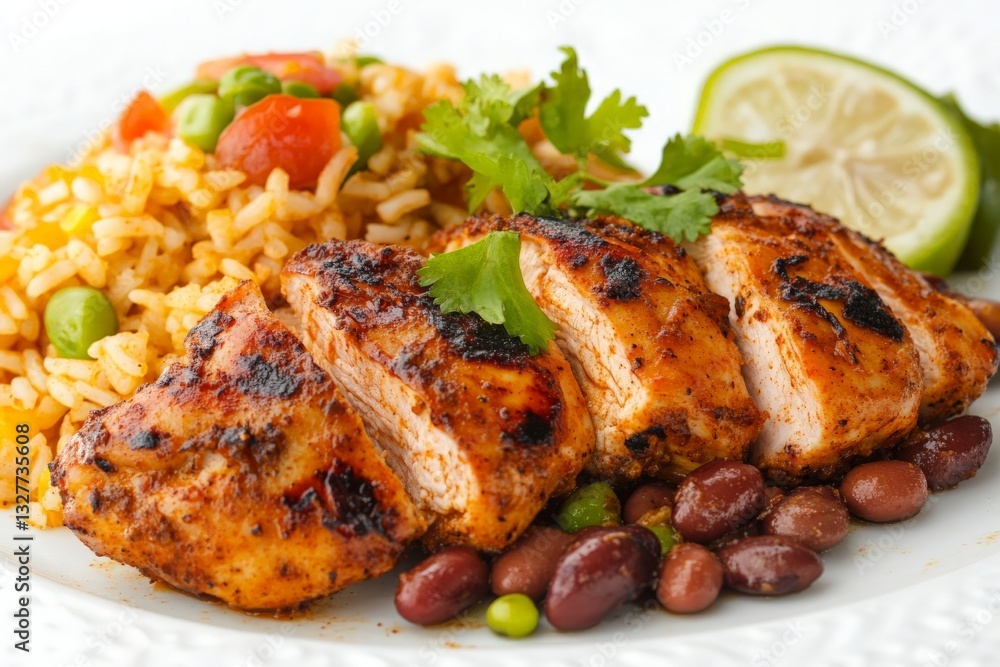 Grilled Chicken with Rice and Beans on a Plate, Garnished with Lime for a Flavorful Culinary Experience Grilled Chicken with Rice and Beans on a Plate, Garnished with Lime for a Flavorful Culinary Experience