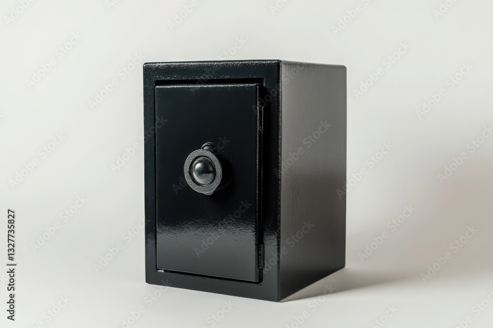 A small black safe with a combination dial, set against a plain white background, emphasizing security and protection. A small black safe with a combination dial, set against a plain white background, emphasizing security and protection.