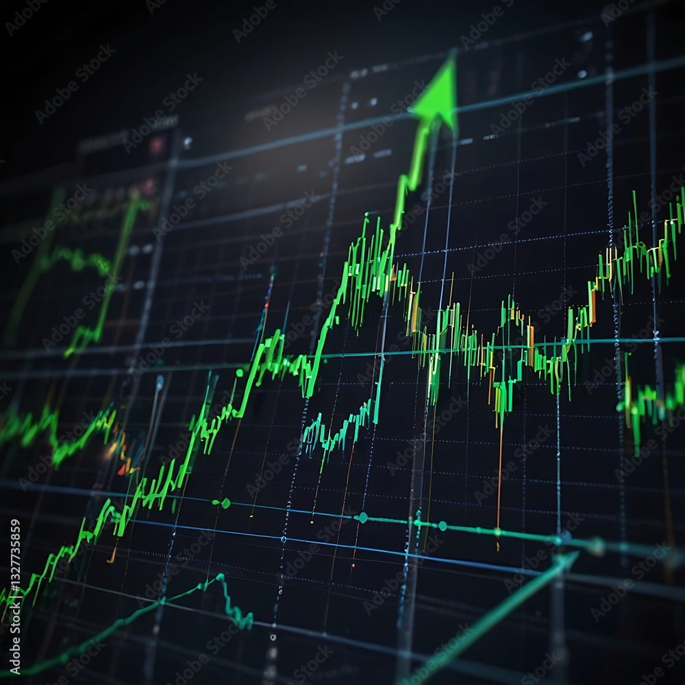 Naklejka premium Green upward arrow on a financial chart, symbolizing market growth and investment success