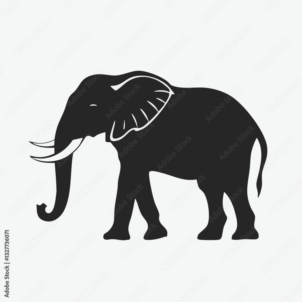 Elephant silhouette, minimalist design, black and white, side view, trunk raised, iconic shape Elephant silhouette, minimalist design, black and white, side view, trunk raised, iconic shape