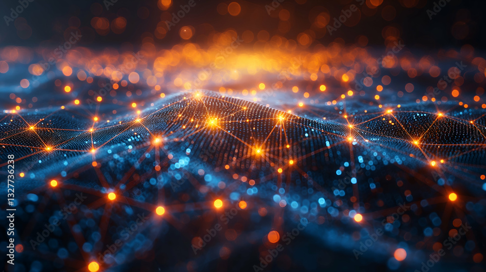 Fototapeta premium Orange Blue Digital Network Glowing Nodes, Futuristic Background for Modern Data Design