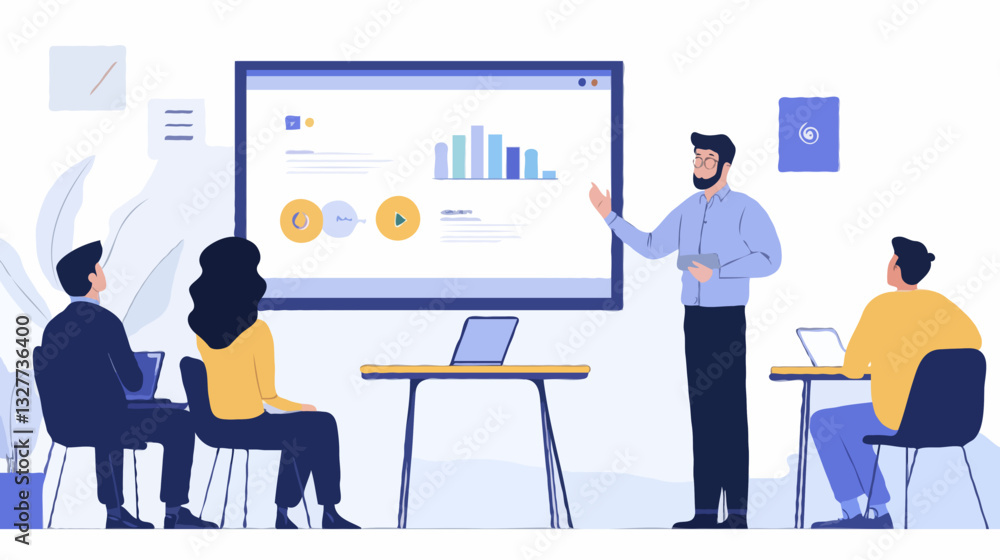 Professional Man Giving Presentation Against Light Background Professional Man Giving Presentation Against Light Background