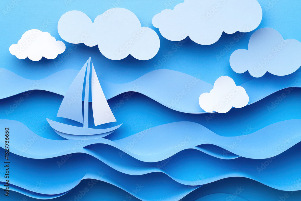 Naklejka premium Paper art of a sailboat navigating through layered blue waves with fluffy white clouds above, creating a serene and whimsical seascape.