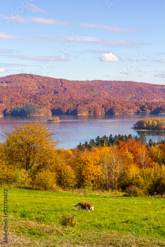 autumn landscape with lake and mountains