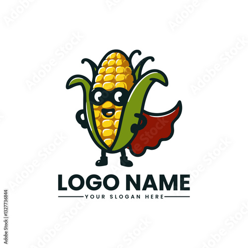 Charming corn cob in superhero attire. Unique food company vector logo illustration