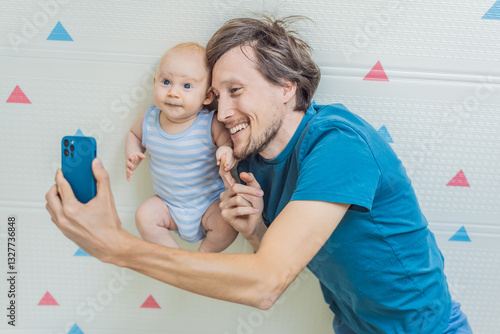 Obraz na płótnie A 3-month-old baby lies safely in a cozy infant cocoon, secured with a special safety belt, while their father lies beside them during a video call. Modern parenting, bonding, and technology concept w salonie