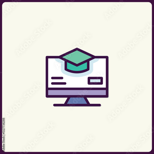 Stylized Online Education Concept Showing Graduation Cap on Computer Screen