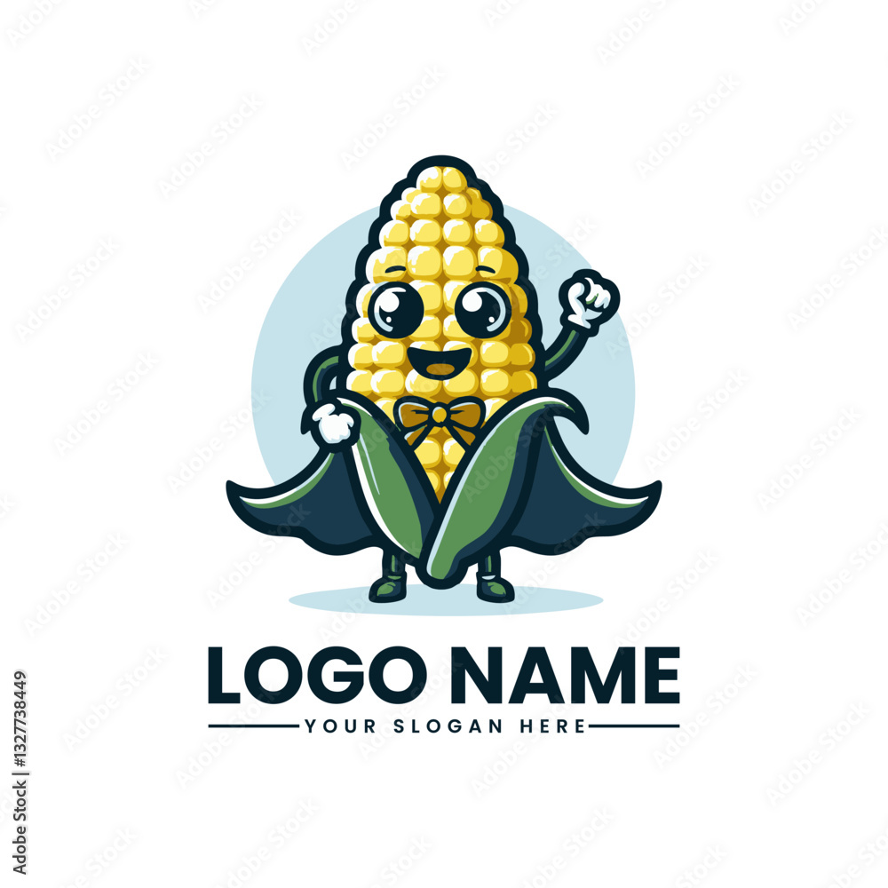 Fototapeta premium Cute Corn Superhero Vector Logo | Fun Cartoon Mascot | Adorable Food Character Design