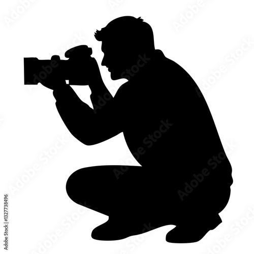 Minimalist icon, photographer silhouette, kneeling pose, taking photo, camera icon, black and white
