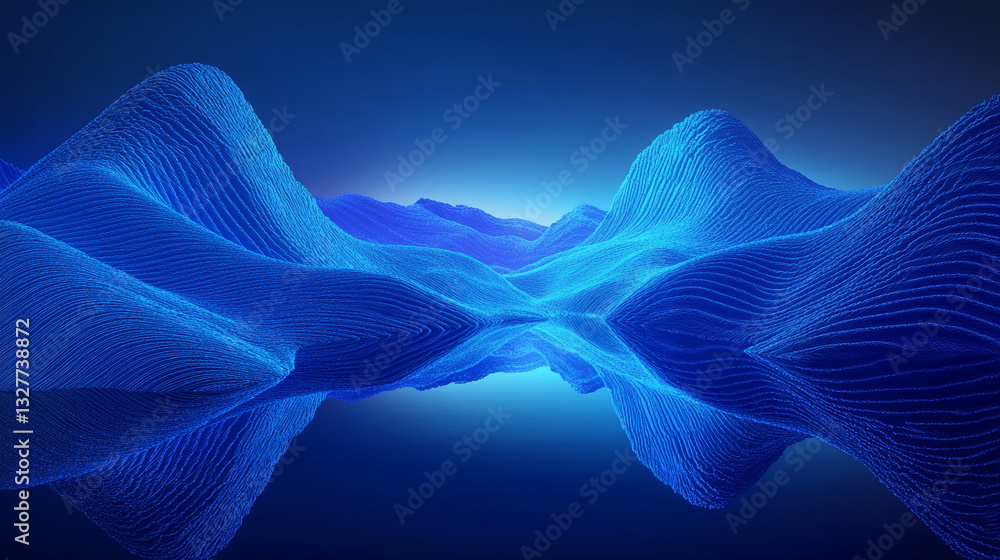 Fototapeta premium Abstract blue landscape, textured mountains reflecting in still water, creating a serene and calming visual, ideal for digital art or tech concepts
