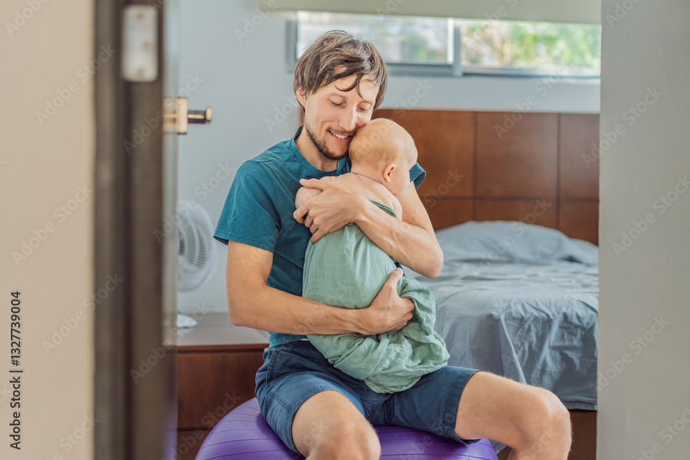 A father sits on a fitness ball in a cozy bedroom, gently rocking his baby wrapped in a soft muslin swaddle. A nurturing and soothing moment of fatherhood and care. Parenting, bonding, and comfort
