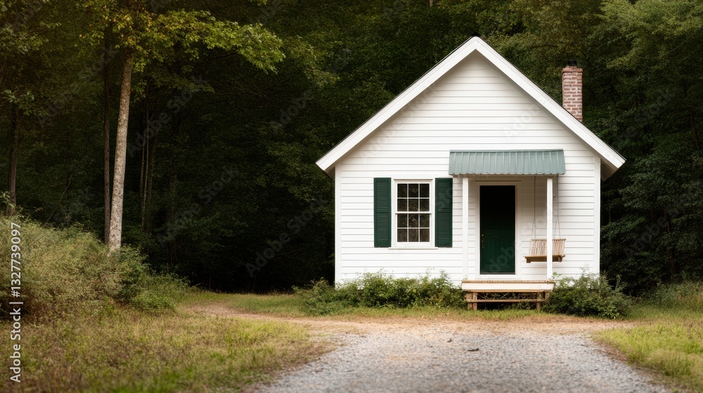 rural home aesthetic, traditional white farmhouse with green shutters, a quaint porch swing, and trees in the background, with space for text rural home aesthetic, traditional white farmhouse with green shutters, a quaint porch swing, and trees in the background, with space for text