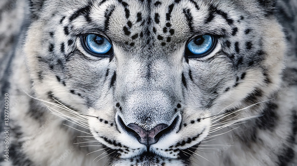 Naklejka premium Close up portrait of snow leopard with icy blue eyes thick spotted fur and a mysterious gaze The frosty background enhances the wild beauty of this elusive predator
