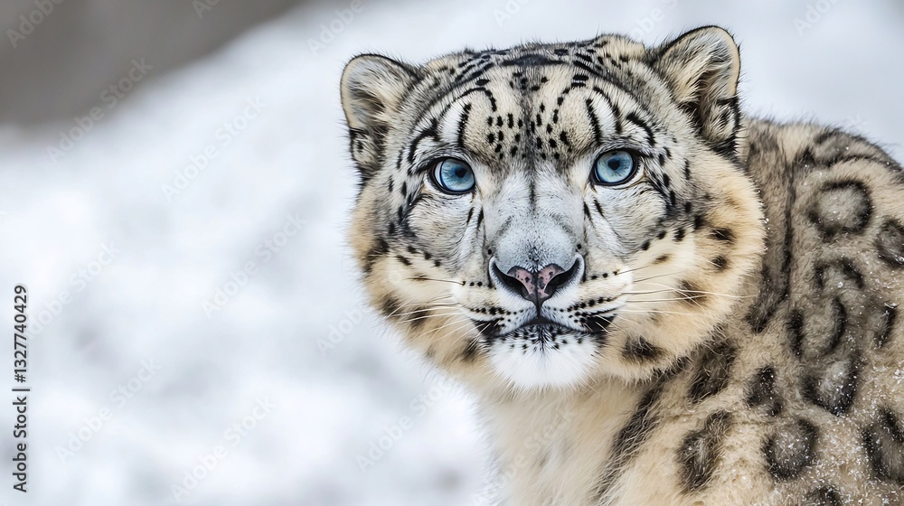 Close up portrait of snow leopard with icy blue eyes thick spotted fur and a mysterious gaze The frosty background enhances the wild beauty of this elusive predator Close up portrait of snow leopard with icy blue eyes thick spotted fur and a mysterious gaze The frosty background enhances the wild beauty of this elusive predator