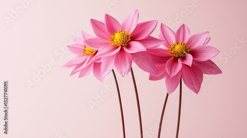   Three pink flowers are in a vase on a pink background with a yellow center at the top and bottom