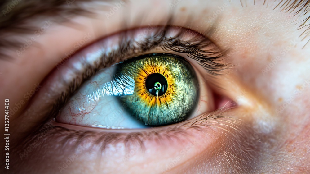 Fototapeta premium Sunflower Reflection In A Human Eye, Detailed Close-Up With Catchlight Illuminating The Iris.