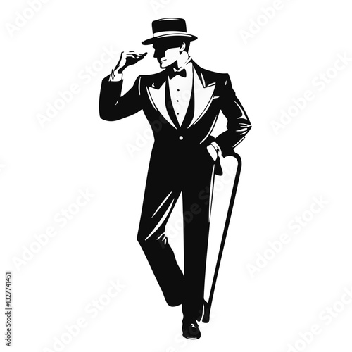 Silhouette, dapper gentleman, bowler hat, bow tie, formal suit, cane, elegant pose, tipping hat gesture, vintage style, classic fashion, black and white