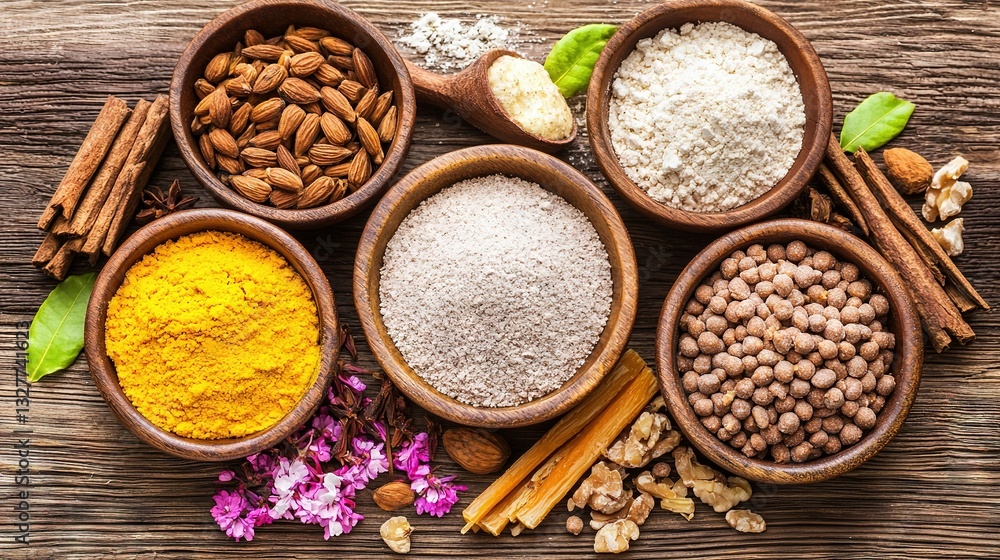 A wooden table, adorned with bowls brimming with diverse spice blends and nutty delights, stands alongside a towering assortment of aromatic spices A wooden table, adorned with bowls brimming with diverse spice blends and nutty delights, stands alongside a towering assortment of aromatic spices