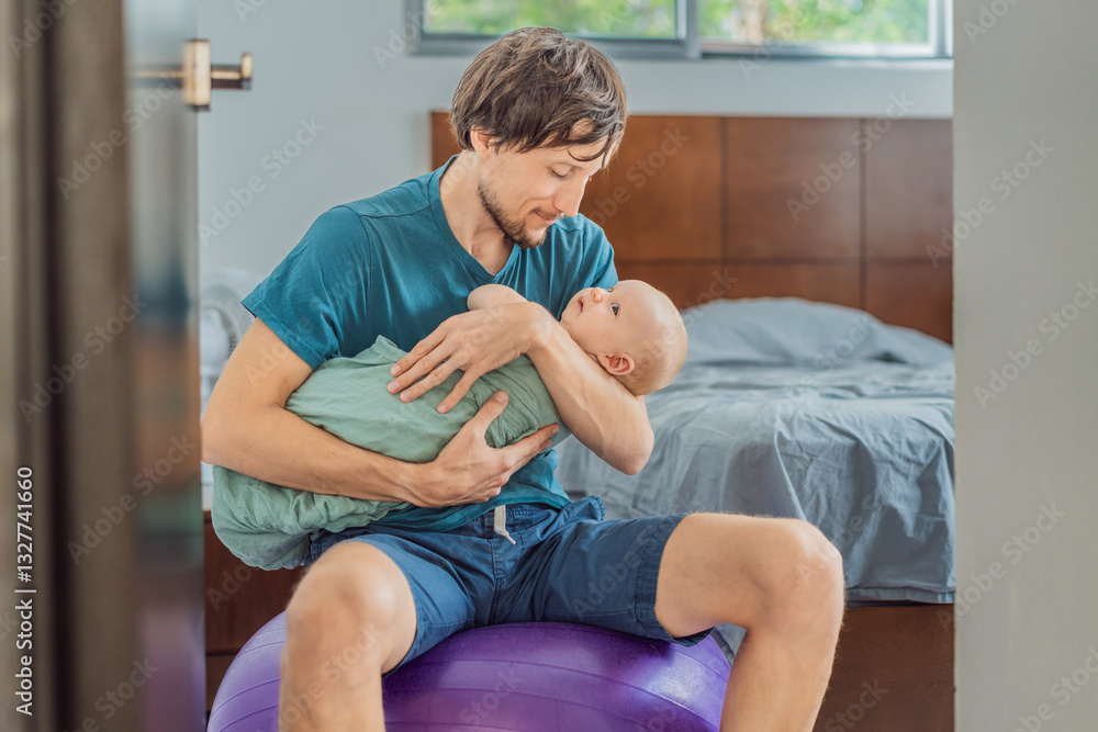 A father sits on a fitness ball in a cozy bedroom, gently rocking his baby wrapped in a soft muslin swaddle. A nurturing and soothing moment of fatherhood and care. Parenting, bonding, and comfort