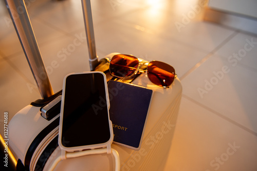 Fotografie Suitcase with passport, sunglasses, and smartphone on top, suggesting a traveler