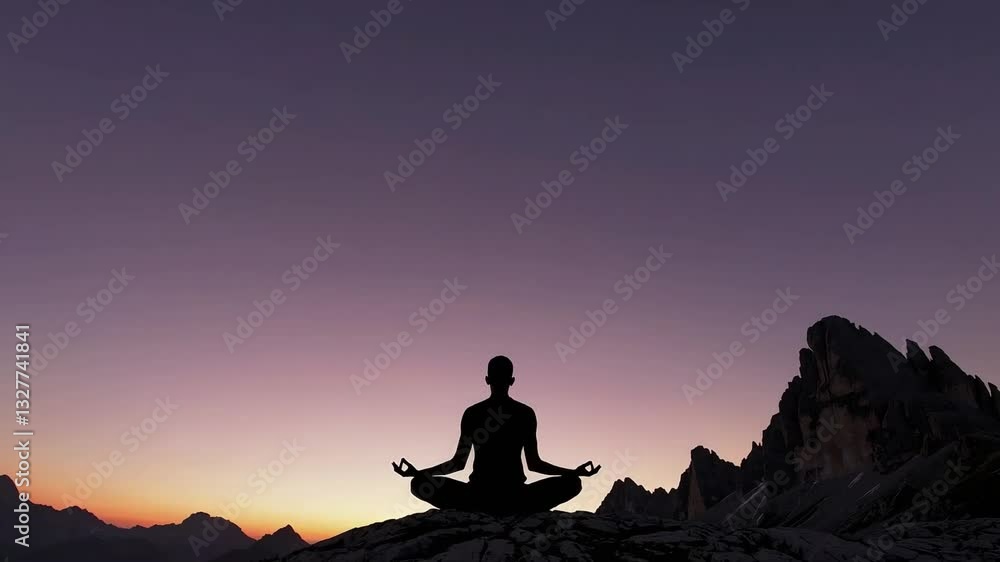 Silhouette of a person meditating on a mountain peak at sunset, surrounded by a calming sky and distant peaks. Silhouette of a person meditating on a mountain peak at sunset, surrounded by a calming sky and distant peaks.
