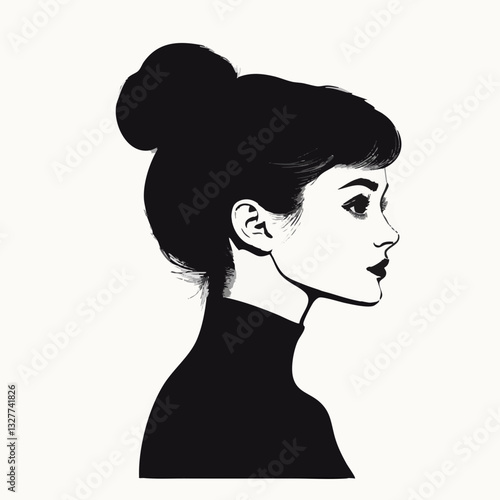 silhouette, female profile, elegant, hair bun, minimalist, black and white, graphic design, vector art, clean lines, simple shape