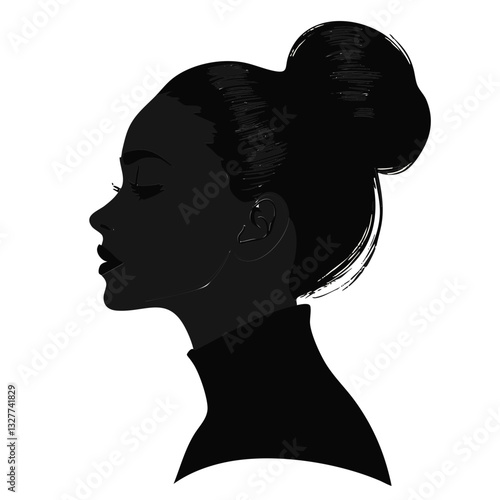 silhouette, female profile, elegant, hair bun, minimalist, black and white, graphic design, vector art, clean lines, simple shape