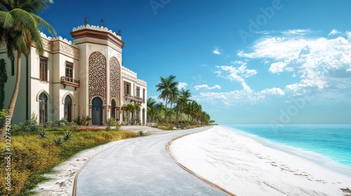 A luxurious Arab-style villa overlooking a serene white sand beach, with a long, winding driveway lined with palms leading to the entrance