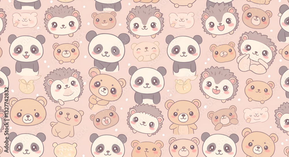 Obraz premium A soft pastel pink seamless pattern featuring adorable pandas, hedgehogs, and bears with large round eyes and friendly expressions. 