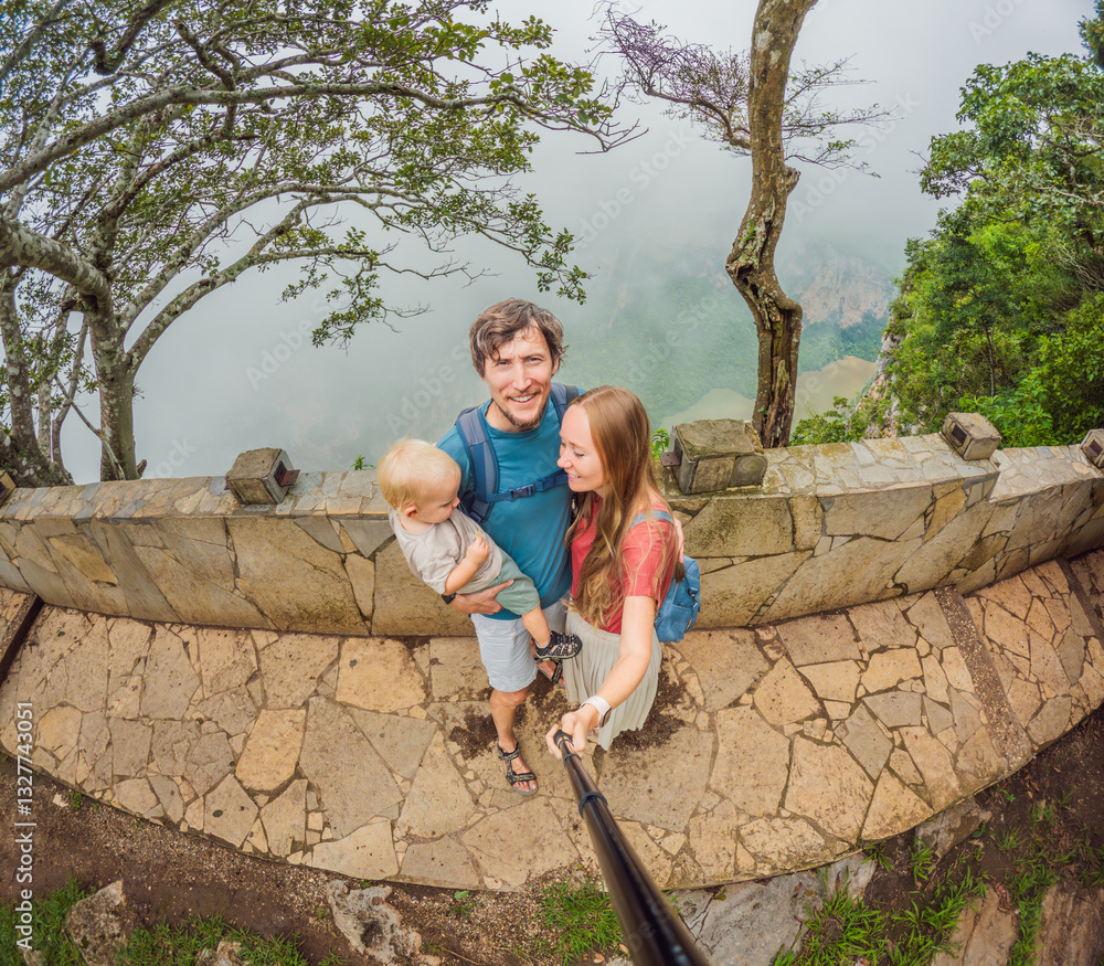 Family exploring Sumidero Canyon, Mexico. Parents and their young son on an adventurous journey through stunning cliffs, lush landscapes, and river scenery. Concept of family travel, eco-tourism, and