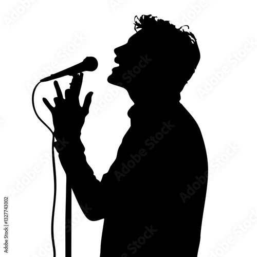 silhouette, person speaking, microphone, black and white, high contrast, profile view