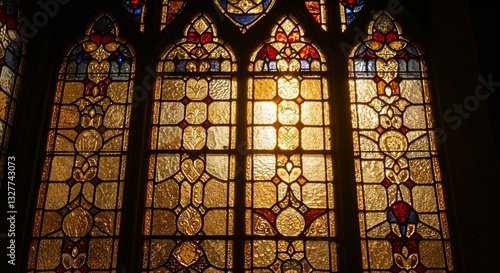 Warm golden sunlight filtering through ornate stained-glass church windows – ideal for faith-based content, religious websites, and spiritual designs