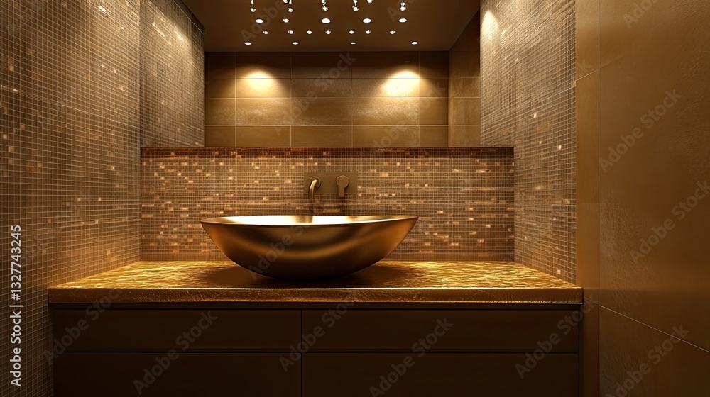 A compact classy half-bathroom featuring a unique vessel sink atop a gold contrast counter