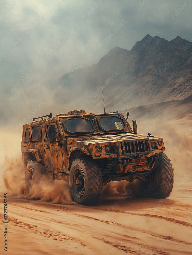 Off-road vehicle navigating rugged terrain in desert Off-road vehicle navigating rugged terrain in desert