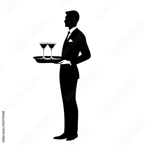 Silhouette, waiter, cocktail tray, martini glasses, formal attire, black and white, minimalist, elegant, service industry, hospitality