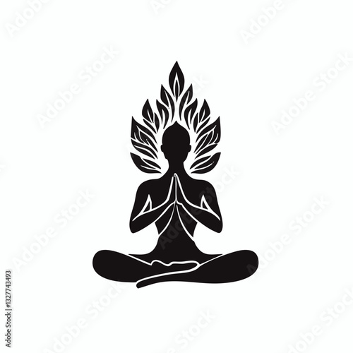 Silhouette, yoga pose, meditation, lotus position, namaste hands, zen, mindfulness, simplicity, black and white