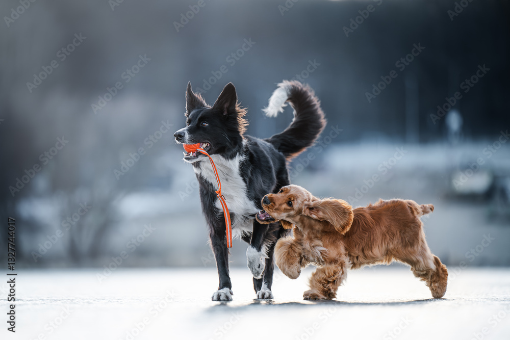 Energetic red English Cocker Spaniel and black-and-white Border Collie playfully run on icy surface