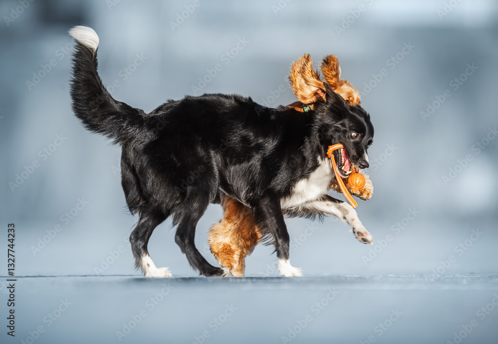 Playful English Spaniel and Border Collie enjoy a fun chase on frozen ice in a dynamic winter scene.