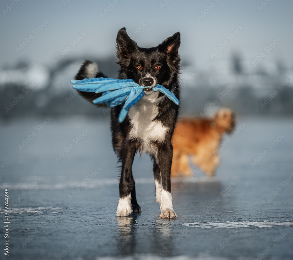 Funny black and white Border Collie holds a colorful octopus toy in its mouth, playful and happy.